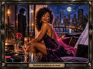 A glamorous woman in a shimmering violet dress sits in a luxurious moonlit apartment overlooking a neon-lit city skyline, while a distant man stands near the window. Warm amber lamps contrast with deep blues and magentas, creating a sensual, romantic mood. A turntable, rose, cocktail, reflective surfaces, and ornate metallic frame evoke polished 1980s nightlife.