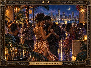 A couple dances closely on a moonlit rooftop terrace overlooking a glowing city skyline, surrounded by lively guests, tropical foliage, and warm lanterns. Deep blues, amber golds, and copper tones create a sensual, celebratory mood. Rich painterly textures, reflective surfaces, and an ornate musical frame give the scene handcrafted elegance.