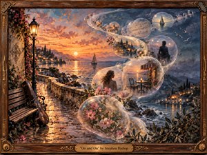 A richly textured coastal sunset unfolds beneath a carved wooden frame, where glowing villages, sailboats, flowers, and a solitary figure merge with translucent memory bubbles flowing in an elegant S-curve. Warm amber light contrasts with deep blue twilight, creating a nostalgic, romantic atmosphere in a detailed painterly style.