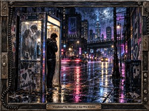 A solitary man stands inside a weathered payphone booth on a rain-soaked city street, surrounded by glowing neon reflections and distant traffic. Ghostly memories of a couple appear in the glass, deepening the bittersweet mood. Rich blues, magentas, amber light, and textured painterly detail create cinematic urban melancholy.