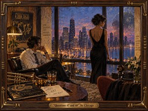 A contemplative couple occupies a sophisticated Chicago apartment overlooking the glowing skyline at twilight. Warm amber lamplight contrasts with cool blue windows, creating romantic tension and quiet uncertainty. Rich painterly textures, brass instruments, scattered papers, lilies, and reflective glass details evoke late-1960s sophistication, introspection, and emotional distance.