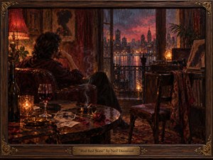 A solitary figure reclines in a richly textured, dimly lit apartment overlooking a rain-soaked city at dusk. Deep reds, amber lamplight, dark wood, and reflected skyline lights create a wistful, intimate mood. A glass of red wine, scattered photographs, a fading rose, smoke, and vintage furnishings suggest memory, longing, and quiet emotional retreat.