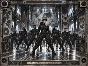 A commanding woman stands at the center of a disciplined formation inside a vast industrial hall, surrounded by synchronized figures in black uniforms and boots. Steel gray tones, reflective flooring, harsh spotlights, and smoky atmosphere create a powerful, defiant mood. Graphic murals, drums, and a riveted metal frame reinforce unity, rhythm, and strength.