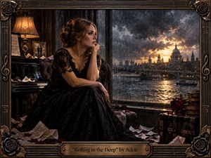 A contemplative woman in a black lace gown sits beside a rain-streaked window overlooking a storm-darkened city and glowing river. Warm lamplight contrasts with cool blue-gray skies, while scattered sheet music, roses, and worn objects deepen the melancholy. Ornate bronze framing and painterly textures create a dramatic, romantic atmosphere.
