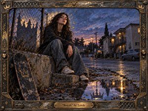 A young woman sits beside a weathered skateboard on rain-darkened concrete, overlooking a modest neighborhood at twilight. Moody blues, muted grays, and warm streetlight reflections create a restrained, introspective atmosphere. Rich painterly textures, worn metal, cracked pavement, and a crown-themed frame contrast everyday surroundings with quiet, defiant grandeur.
