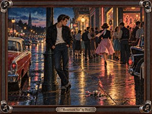 A rain-soaked 1950s street glows with neon reflections as a brooding young man watches a woman in a pink skirt disappear into a lively dance crowd. Rich blues, reds, and amber light heighten the restless mood, while vintage cars, wet pavement, and expressive painterly textures evoke romantic tension, jealousy, and fleeting attraction.