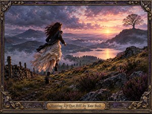 A windswept woman climbs a rugged heather-covered hillside above a misty valley and reflective lake, moving toward a glowing sunset and solitary tree. Dramatic violet clouds, warm golden light, rocky textures, and flowing fabric create a tense, dreamlike atmosphere. The cinematic fantasy-realism painting is enclosed by an ornate bronze-and-purple frame.