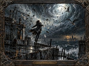 A lone figure stands on a storm-lashed industrial waterfront beneath a swirling moonlit vortex, arms outstretched against violent wind and flying debris. Steel-blue clouds, black water, rusted architecture, and distant amber city lights create a tense, defiant mood. Thick painterly textures, metallic framing, seabirds, and crashing waves heighten the dramatic, handcrafted atmosphere.