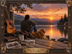 A solitary man and golden dog sit on a weathered lakeside dock at sunset, surrounded by an acoustic guitar, photographs, journal, compass, blanket, and enamel mug. Warm amber light reflects across still water beneath rugged mountains and evergreens, creating a wistful, nostalgic mood within a richly carved rustic musical frame.