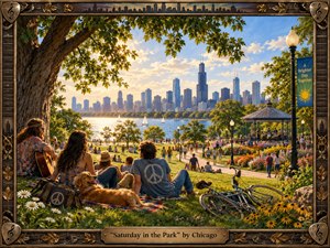 A warm, nostalgic park scene overlooks Chicagos sunlit skyline and sparkling lake, where friends relax beneath a sprawling tree as musicians perform nearby. Golden afternoon light, lush greenery, colorful flowers, sailboats, bicycles, and handcrafted details create an inviting 1970s atmosphere, framed by ornate wood, brass, musical motifs, and engraved ornamentation.