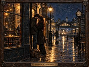 A couple shares an intimate farewell beneath warm cafe lights on a rain-soaked city platform, framed by approaching trains and a glowing station clock. Deep blues contrast with amber reflections across wet pavement, creating a tender, bittersweet mood. Painterly textures, ornate woodwork, and cinematic lighting heighten the nostalgic atmosphere.