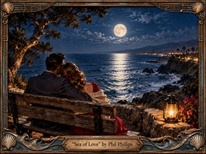 A couple embraces on a weathered bench above a moonlit ocean, surrounded by rugged cliffs, distant coastal lights, and windswept trees. Deep blues, silver reflections, warm lantern light, and crimson accents create nostalgic romance. The richly textured painterly scene is enclosed by an ornate nautical frame with shells, ropes, musical notes, and aged metalwork.