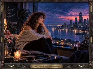 A solitary woman with voluminous dark curls sits beside a rain-streaked window overlooking a glowing waterfront city at twilight. Deep blues, violet clouds, and warm amber lights create a reflective, restless mood. Candlelight, flowers, records, and intimate objects enrich the detailed retro-1980s interior, framed with ornate metallic musical motifs.