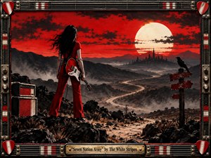 A lone guitarist in vivid red stands on a rugged desert ridge, facing a distant city beneath a massive pale sun and blood-red sky. A winding road, drifting mist, crow, and amplifier deepen the tension. Bold black, red, and white tones, dramatic lighting, and an intricate guitar-inspired frame create gritty cinematic intensity.