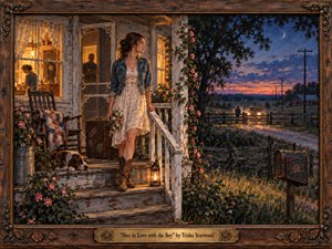 A young woman waits on a weathered farmhouse porch at twilight, gazing toward distant headlights beyond a country gate. Warm lamplight contrasts with deep blue skies, flowering vines, rustic fences, and shadowed fields. Rich painterly textures, carved wood framing, and nostalgic details create a tender mood of hope, defiance, and youthful devotion.