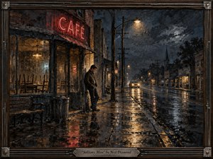 A solitary man stands beneath a dim caf awning on a rain-soaked street, surrounded by empty sidewalks and glowing storefronts. Deep blues, charcoal grays, and warm amber reflections create a brooding, introspective mood. Textured painterly surfaces, wet pavement, distant headlights, and the dark metal frame reinforce loneliness, resilience, and quiet emotional tension.