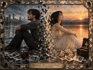 A man and woman sit back-to-back beside reflective water, divided by a cascading fracture of broken mosaic that symbolizes emotional separation. Stormy blue-gray city tones contrast with warm sunset golds, while scattered photographs, fading flowers, and a music box deepen the melancholy. Painterly realism, dramatic lighting, and an ornate weathered frame complete the scene.