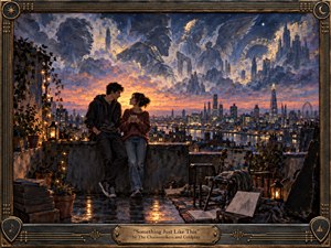 A young couple shares a quiet rooftop moment above a glowing modern city at sunset, surrounded by lanterns, plants, worn furniture, and rain-slicked surfaces. Dreamlike heroic figures and celestial forms emerge from stormy blue clouds overhead. Warm amber light contrasts with cool twilight tones, creating a romantic, hopeful, painterly atmosphere.