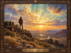 A lone figure stands on a rugged canyon overlook beside an electric guitar, gazing toward a radiant sunset bursting through dramatic clouds. Warm gold, amber, blue, and violet tones illuminate the vast desert valley below. Thick, expressive oil textures, soaring birds, and an ornate wood-and-brass musical frame create a spiritual, triumphant mood.