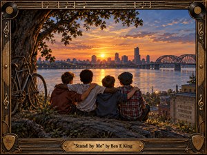 Four boys sit arm in arm on a rocky riverside overlook, watching a glowing sunset settle behind a distant city and arched bridge. Warm gold, amber, and blue tones create a nostalgic, reassuring mood. A vintage bicycle, sprawling tree, detailed musical frame, records, and engraved title plate enhance the handcrafted cinematic style.
