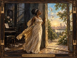 A poised woman in a flowing white dress steps from a shadowed piano room into radiant open air, symbolizing release and possibility. Warm golden sunlight illuminates a river, distant city, flowering greenery, and soaring birds. Rich oil-paint textures, aged wood, bronze accents, and piano-key framing create a soulful, timeless atmosphere.