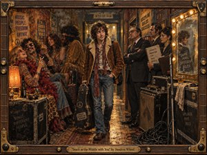 A weary young musician walks through a cramped 1970s backstage corridor, caught between colorful, free-spirited revelers and stern suited executives. Warm amber bulbs, smoky shadows, worn wood, tangled cables, battered amplifiers, and textured clothing create a tense yet playful atmosphere. A handcrafted guitar-inspired frame reinforces the vintage rock character.