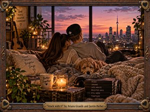 A couple relaxes together on a plush sofa with their sleeping dog, overlooking a glowing city skyline at sunset. Warm amber candles, string lights, plants, records, and soft blankets create an intimate, hopeful mood. Rich browns, pink skies, and handcrafted textures frame the scene with cinematic realism and romantic warmth.