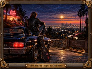 A lone man in a black leather jacket sits on a classic muscle car overlooking a glowing city at dusk. Neon diner lights, palm trees, winding traffic, and a guitar case create nostalgic 1980s romance. Warm orange horizons contrast with deep blue skies, while the ornate metallic frame adds cinematic rock-and-roll character.
