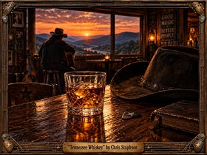 A lone guitarist sits in a rustic wooden bar, silhouetted against a glowing Tennessee sunset beyond broad windows. Amber whiskey, a worn cowboy hat, guitar pick, and leather journal fill the foreground. Rich browns, copper highlights, soft lamplight, weathered textures, and an ornate Western frame create a warm, reflective country atmosphere.