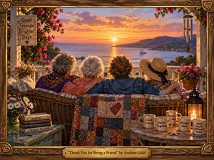Four longtime friends sit arm in arm on a flower-filled porch overlooking a glowing coastal sunset. Warm gold, coral, blue, and earthy tones create a nostalgic, affectionate mood. Painterly textures, wicker furniture, a heart-patterned quilt, lantern light, keepsakes, and a carved wooden frame emphasize enduring companionship, comfort, and shared memories.