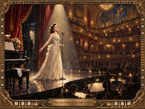A glamorous singer in a shimmering ivory gown commands a grand theater stage, illuminated by a warm golden spotlight. Ornate balconies, a packed audience, musicians, and a glossy piano create classic Hollywood spectacle. Rich amber, crimson, and black tones, painterly textures, and an elaborate Art Deco frame heighten the celebratory mood.