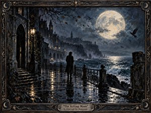 A solitary figure stands on a rain-slicked Gothic seaside promenade beneath an immense glowing moon, facing turbulent black water and a distant cliffside city. Cold blue-gray tones, warm lamplight, and silver reflections create a haunting, romantic tension. Rich oil-painted textures, wrought iron, ravens, storm clouds, and an ornate aged-metal frame deepen the nocturnal atmosphere.