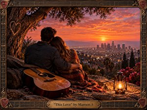 A couple embraces beneath a sprawling tree on a rocky overlook, watching a glowing city at sunset. Warm orange, rose, and violet light creates an intimate, nostalgic mood, while a guitar, lantern, blanket, and carved heart add quiet symbolism. A richly detailed, cinematic realism style is enclosed by an ornate music-inspired frame.
