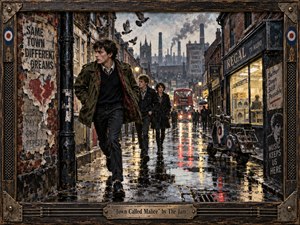 A rain-soaked British street unfolds beneath smoky factory chimneys, where restless young figures stride through reflections of red buses and amber lamps. Muted brick, charcoal skies, and worn storefronts create a gritty, urgent mood. The painterly realism, weathered frame, scooters, posters, and industrial details evoke working-class tension, resilience, and defiant energy.