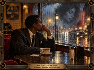 A solitary man sits in a warmly lit 1960s diner, gazing through a rain-streaked window at a glowing Detroit street and a haunting reflected woman. Rich amber, crimson, blue, and gold tones deepen the melancholy mood. Painterly textures, vintage details, wet reflections, and an ornate musical frame create nostalgic emotional depth.