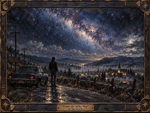 A solitary figure stands beside a weathered car on a rain-darkened hillside, overlooking a glowing town beneath an immense Milky Way. Deep blues, silver starlight, and warm amber lights create a wistful, dreamlike mood. Painterly textures, reflective roads, distant mountains, and an ornate instrument-inspired frame enhance the nocturnal atmosphere.