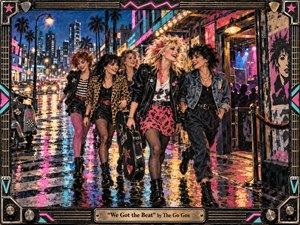 Five stylish women stride through a rain-slicked neon city street, radiating carefree confidence and rhythmic energy. Hot pink, turquoise, gold, and electric blue reflections shimmer beneath warm storefront lights. The handcrafted mixed-media style blends gritty paint textures, punk fashion, urban nightlife, and a music-themed metal frame with an engraved title plate.