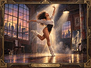 An ecstatic dancer bursts through a soaring pose in a sunlit industrial loft, framed by tall windows and a glowing city sunset. Warm gold, amber, and violet light spill across the reflective floor, while textured painterly brushwork, drifting haze, and an ornate Art Deco frame heighten the scenes triumphant, nostalgic energy.