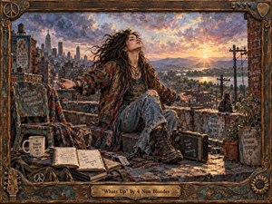 A free-spirited woman sits on a weathered rooftop above a sprawling city, arms open beneath a glowing sunrise. Warm gold, violet, and blue tones create a hopeful yet searching mood. Rich painterly textures, worn journals, flowers, a radio, and distressed urban details reinforce the handmade, introspective 1990s atmosphere.