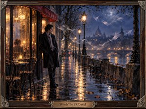A solitary man stands beside a glowing riverside cafe on a rain-soaked Parisian night, surrounded by amber reflections, deep blue shadows, drifting translucent papers, and bare trees. The moody painterly scene blends romantic melancholy with quiet longing, framed in dark wood and metal with musical details and an engraved title plate.