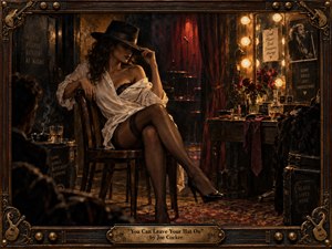A sultry woman in a black hat sits confidently in a dim backstage dressing room, surrounded by mirrors, roses, whiskey, costumes, and smoky shadows. Warm amber bulbs and deep crimson curtains create intimate theatrical tension. Rich painterly textures, worn wood, brass details, and a decorative musical frame evoke sensual blues-club glamour.