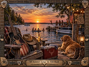 A glowing lakeside summer gathering unfolds at sunset, with friends swimming, boating, and relaxing along a weathered dock. Warm amber light reflects across rippling water, surrounding a rustic guitar, cowboy hat, cooler, lantern, boots, and golden retriever. The richly painted scene blends nostalgic Americana, carefree energy, and handcrafted detail.