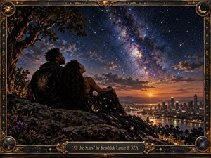A couple sits on a rocky overlook beneath a vast, star-filled sky, gazing toward a glowing river city at sunset. Deep blues, violet nebulae, warm gold light, and celestial details create a romantic, contemplative mood. The cinematic fantasy-realistic style is framed by ornate black-and-gold astronomical ornamentation and a centered engraved title plate.
