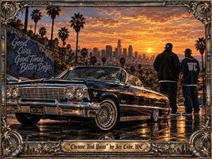 A gleaming black lowrider dominates a rain-slick Los Angeles overlook at sunset, framed by ornate chrome detailing. Two figures face the glowing skyline beneath towering palms, creating a reflective, streetwise mood. Warm gold light contrasts with deep blues and polished metal, while intricate automotive textures evoke pride, memory, and West Coast culture.