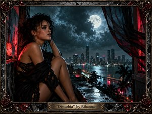 A solitary woman sits on a rain-darkened rooftop overlooking a glowing city beneath a dramatic full moon. Crimson and teal light sharpen the uneasy, nocturnal mood, while storm clouds, reflective water, palm silhouettes, and windblown curtains add tension. The gothic metal frame and roses give the digital artwork a dark, theatrical finish.