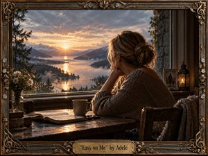 A solitary woman sits at a rustic table beside a wide window, gazing across a misty mountain lake at sunset. Warm golden light contrasts with cool gray-blue clouds, creating a reflective, bittersweet mood. Photorealistic textures, soft shadows, wildflowers, a journal, lantern, and ornate musical frame deepen the intimate atmosphere.