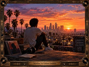 A solitary young man sits on a rooftop overlooking a palm-lined city at sunset, surrounded by records, headphones, and a notebook. Warm orange and crimson light fades into violet clouds, creating a reflective, restless mood. The cinematic digital painting is enclosed by an ornate music-inspired bronze-and-wood frame with engraved waveform details.