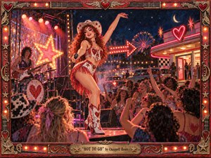 A dazzling red-haired performer commands a neon-lit outdoor stage, surrounded by an ecstatic crowd, carnival lights, and a glowing night sky. Warm reds, pinks, golds, and electric blues create a playful, exuberant mood. Painterly textures, sparkling costume details, dramatic spotlights, and an ornate heart-and-star frame give the scene theatrical, handcrafted energy.