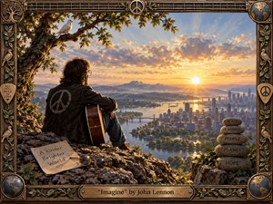 A solitary guitarist sits on a rocky overlook beneath an old tree, gazing toward a glowing riverside city at sunset. Warm gold, blue, and earthy tones create a peaceful, hopeful mood. Doves, peace symbols, carved stones, and a richly detailed wooden-metal frame reinforce themes of unity, reflection, and possibility.