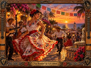 A spirited dancer sweeps across a sunlit coastal plaza as guitarists and celebrants animate the scene around her. Warm golds, reds, and deep blues glow beneath a dramatic sunset, while tiled fountains, flowers, papel picado, and colonial architecture add texture. Rich painterly detail and an ornate guitar-inspired frame create a festive, handcrafted atmosphere.